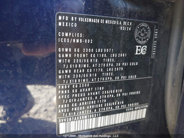 2024 Volkswagen Tiguan Se/wolfsburg მანქანა იყიდება აუქციონზე, vin: 3VV2B7AXXRM105311, აუქციონის ნომერი: 12712909