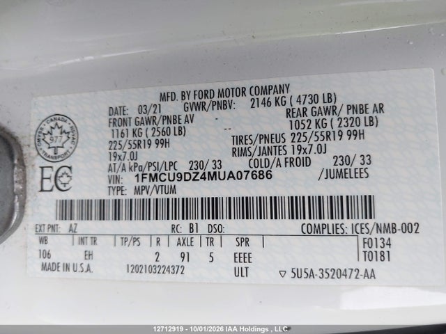 Продажа на аукционе авто 2021 Ford Escape Titanium, vin: 1FMCU9DZ4MUA07686, номер лота: 12712919