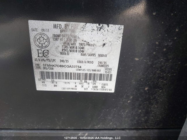 12712935 :رقم المزاد ، 1FMHK7D89CGA33754 vin ، 2012 Ford Explorer Xlt مزاد بيع