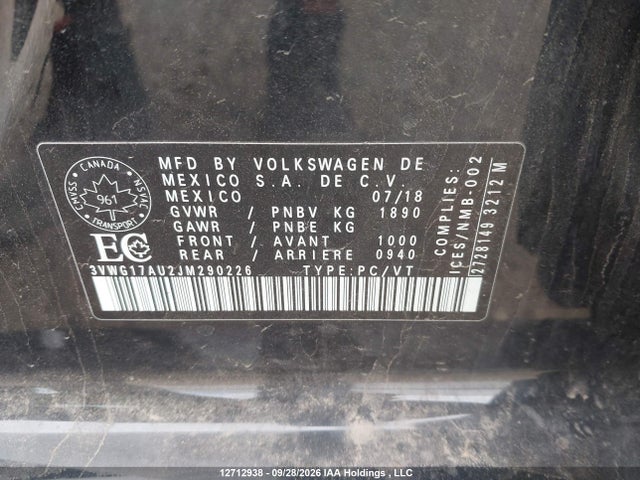 12712938 :رقم المزاد ، 3VWG17AU2JM290226 vin ، 2018 Volkswagen Golf S/se مزاد بيع