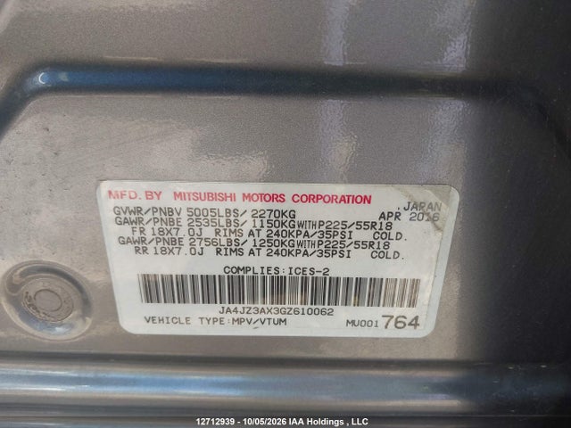 Mitsubishi Outlander Se/sel 2016 JA4JZ3AX3GZ610062 Image 9