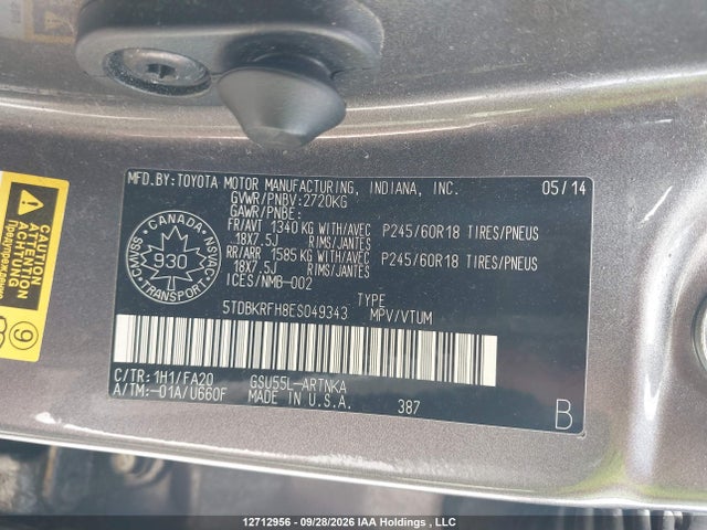 12712956 :رقم المزاد ، 5TDBKRFH8ES049343 vin ، 2014 Toyota Highlander Le/le Plus مزاد بيع