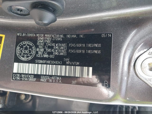 12712956 :رقم المزاد ، 5TDBKRFH8ES049343 vin ، 2014 Toyota Highlander Le/le Plus مزاد بيع