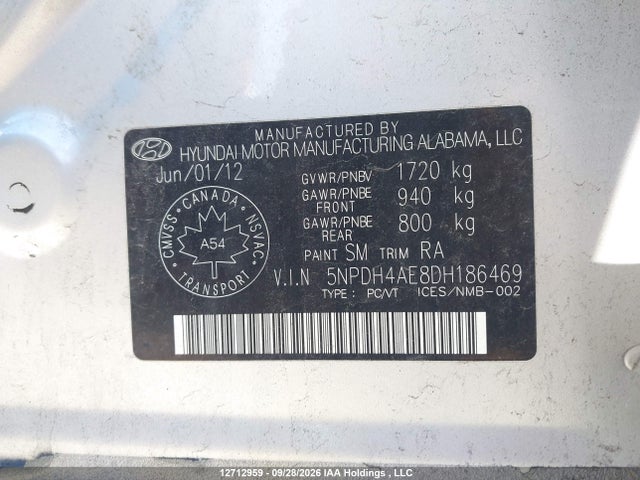 12712959 :رقم المزاد ، 5NPDH4AE8DH186469 vin ، 2013 Hyundai Elantra Gls/limited مزاد بيع