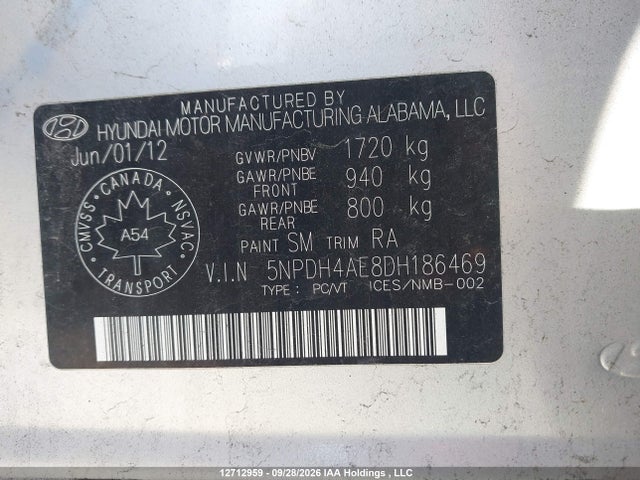 12712959 :رقم المزاد ، 5NPDH4AE8DH186469 vin ، 2013 Hyundai Elantra Gls/limited مزاد بيع