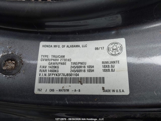 2018 Honda Ridgeline Touring მანქანა იყიდება აუქციონზე, vin: 5FPYK3F7XJB501104, აუქციონის ნომერი: 12712970