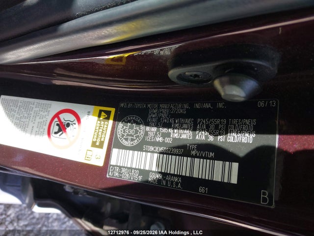 Продажа на аукционе авто 2013 Toyota Highlander, vin: 5TDBK3EH5DS239937, номер лота: 12712976