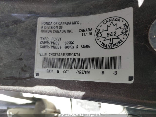 Aukcja sprzedaży 2011 Honda Civic Dx-g, vin: 2HGFA1E48BH004726, numer aukcji: 12712990