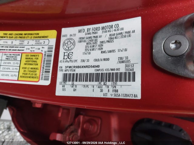 Продаж на аукціоні авто 2022 Ford Bronco Sport Big Bend, vin: 3FMCR9B6XNRD54040, номер лоту: 12713001
