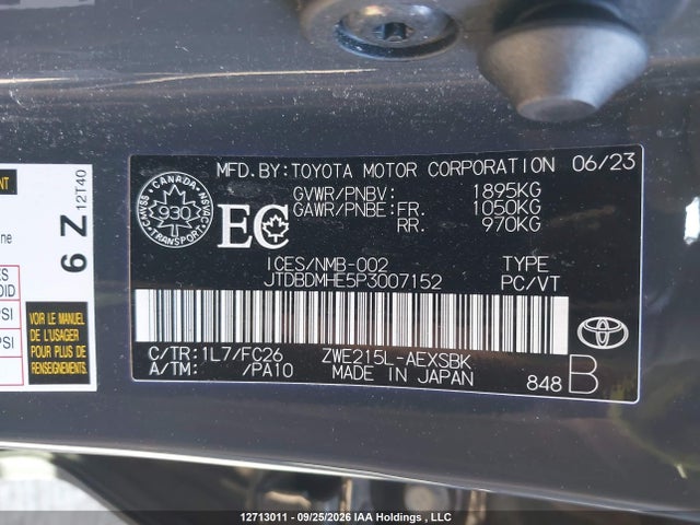 12713011 :رقم المزاد ، JTDBDMHE5P3007152 vin ، 2023 Toyota Corolla Hybrid Se مزاد بيع