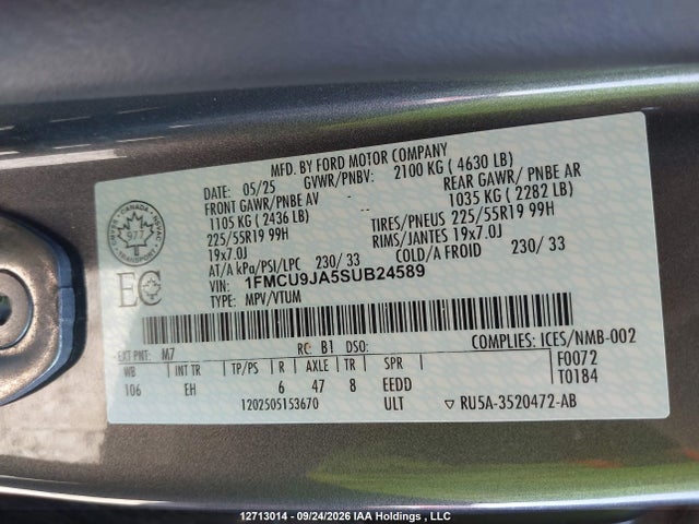 2025 Ford Escape Platinum მანქანა იყიდება აუქციონზე, vin: 1FMCU9JA5SUB24589, აუქციონის ნომერი: 12713014