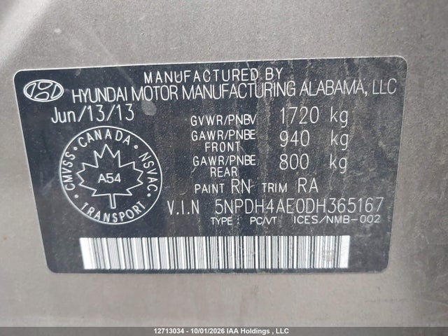 2013 Hyundai Elantra Gls/limited მანქანა იყიდება აუქციონზე, vin: 5NPDH4AE0DH365167, აუქციონის ნომერი: 12713034