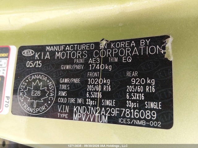 12713035 :رقم المزاد ، KNDJN2A29F7816089 vin ، 2015 Kia Soul Lx/lx+ مزاد بيع