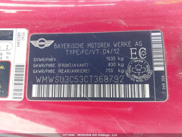 2012 Mini Cooper მანქანა იყიდება აუქციონზე, vin: WMWSU3C53CT368792, აუქციონის ნომერი: 12713042
