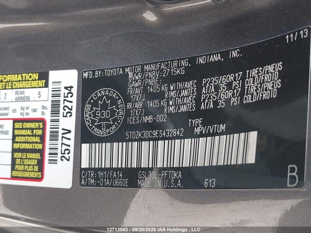 Aukcja sprzedaży 2014 Toyota Sienna 7 Passenger, vin: 5TDZK3DC9ES432842, numer aukcji: 12713043