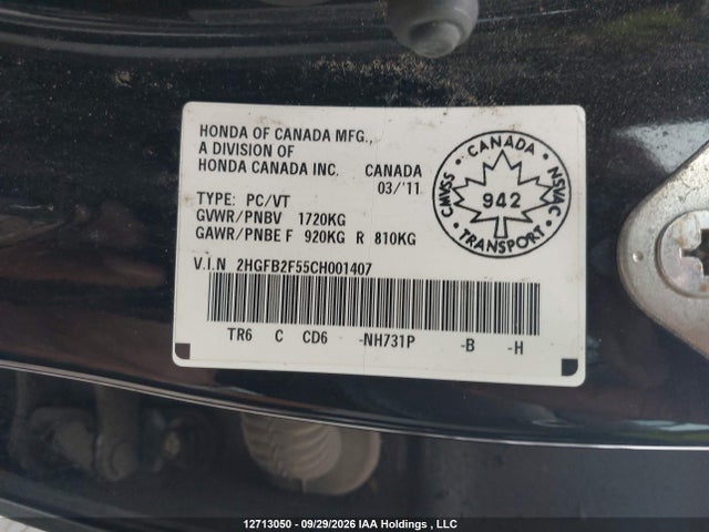 Auction sale of the 2012 Honda Civic Ex, vin: 2HGFB2F55CH001407, lot number: 12713050