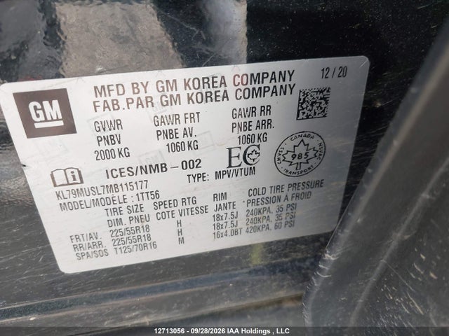 2021 Chevrolet Trailblazer Rs მანქანა იყიდება აუქციონზე, vin: KL79MUSL7MB115177, აუქციონის ნომერი: 12713056