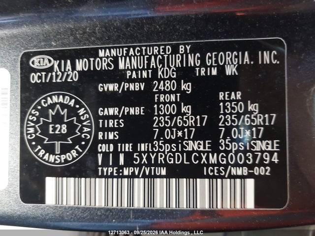 2021 Kia Sorento 2.5l Lx Premium/2.5l Lx+/2.5t Ex/2.5t Ex+ მანქანა იყიდება აუქციონზე, vin: 5XYRGDLCXMG003794, აუქციონის ნომერი: 12713063
