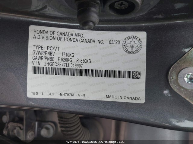 2020 Honda Civic Ex მანქანა იყიდება აუქციონზე, vin: 2HGFC2F77LH019907, აუქციონის ნომერი: 12713075