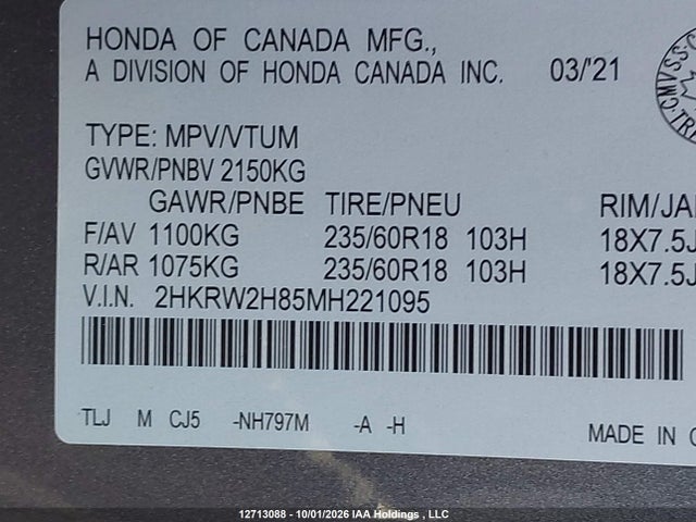 2HKRW2H85MH221095 Honda Cr-v Ex-l