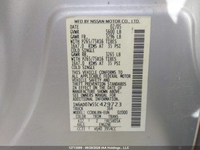 12713089 :رقم المزاد ، 1N6AD07W55C429723 vin ، 2005 Nissan Frontier Crew Cab Le/se/off Road مزاد بيع