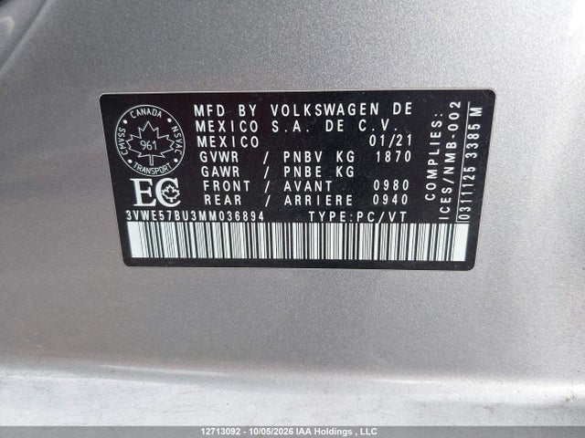 Продаж на аукціоні авто 2021 Volkswagen Jetta Sel, vin: 3VWE57BU3MM036894, номер лоту: 12713092