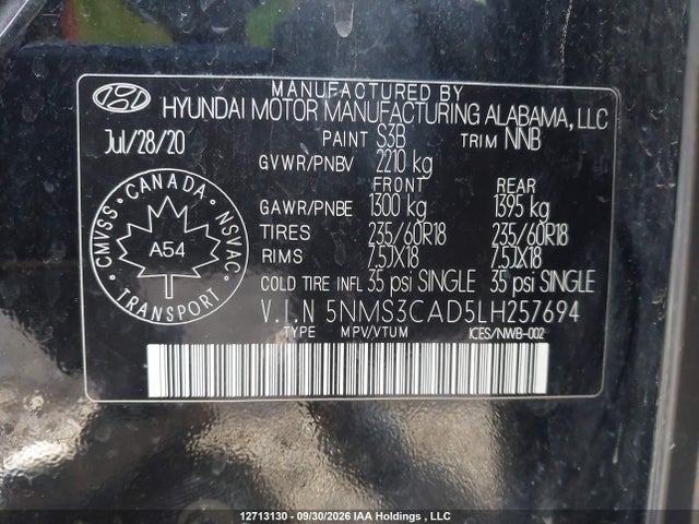 Aukcja sprzedaży 2020 Hyundai Santa Fe Preferred Awd, vin: 5NMS3CAD5LH257694, numer aukcji: 12713130