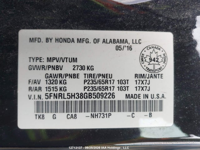 Продаж на аукціоні авто 2016 Honda Odyssey Se, vin: 5FNRL5H38GB509226, номер лоту: 12713137