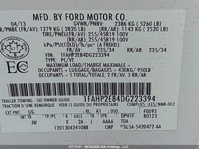 2013 Ford Taurus Sel მანქანა იყიდება აუქციონზე, vin: 1FAHP2E84DG223394, აუქციონის ნომერი: 12713141