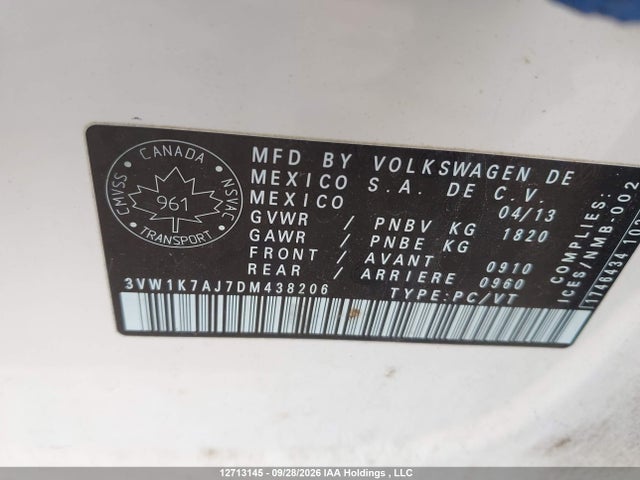 Продаж на аукціоні авто 2013 Volkswagen Jetta S, vin: 3VW1K7AJ7DM438206, номер лоту: 12713145