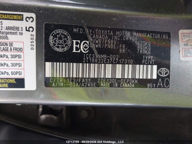 12713155 :رقم المزاد ، 2T1BR32E37C717310 vin ، 2007 Toyota Corolla Ce/le/sport مزاد بيع