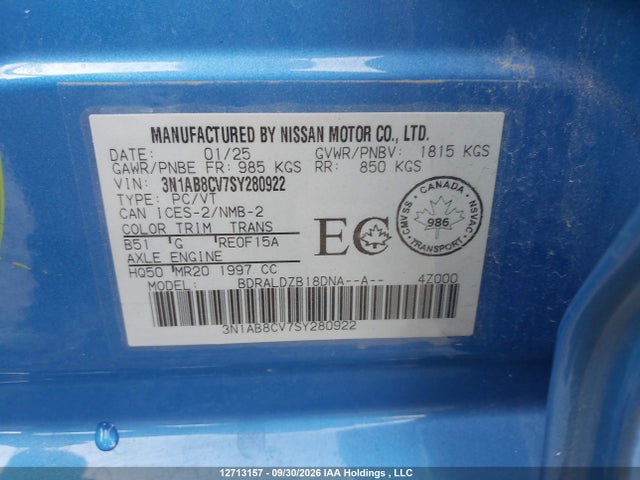 2025 Nissan Sentra Sv მანქანა იყიდება აუქციონზე, vin: 3N1AB8CV7SY280922, აუქციონის ნომერი: 12713157
