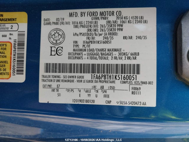 Продажа на аукционе авто 2019 Ford Mustang Ecoboost Premium, vin: 1FA6P8TH1K5160051, номер лота: 12713166