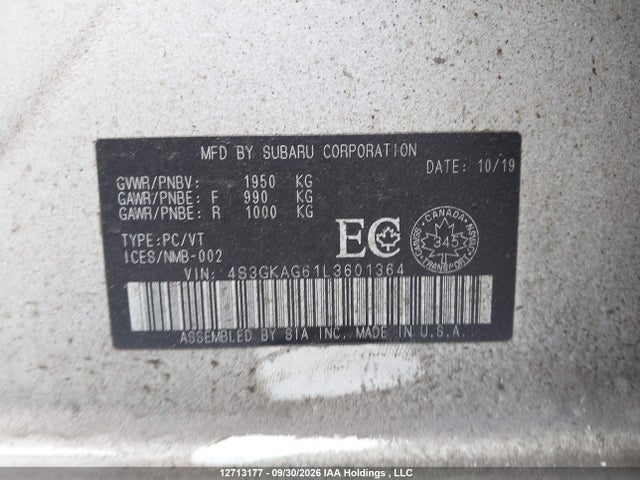 12713177 :رقم المزاد ، 4S3GKAG61L3601364 vin ، 2020 Subaru Impreza مزاد بيع