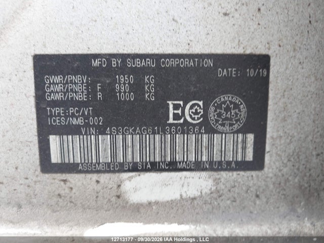12713177 :رقم المزاد ، 4S3GKAG61L3601364 vin ، 2020 Subaru Impreza مزاد بيع