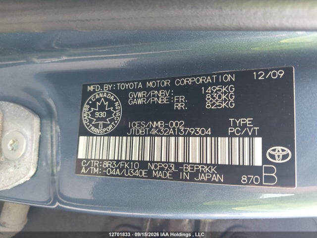 Продаж на аукціоні авто 2010 Toyota Yaris, vin: JTDBT4K32A1379304, номер лоту: 12701833