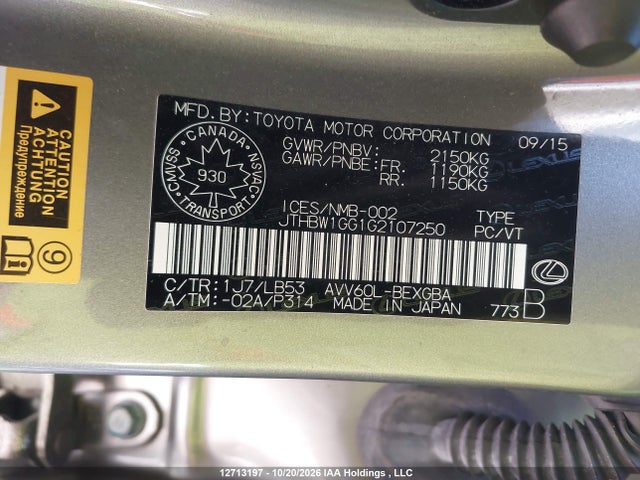 12713197 :رقم المزاد ، JTHBW1GG1G2107250 vin ، 2016 Lexus Es 300h 300h مزاد بيع