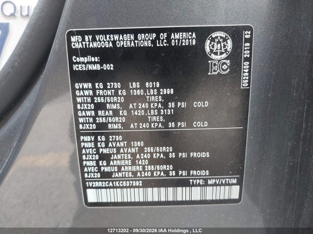 Aukcja sprzedaży 2019 Volkswagen Atlas Sel, vin: 1V2RR2CA1KC537392, numer aukcji: 12713202