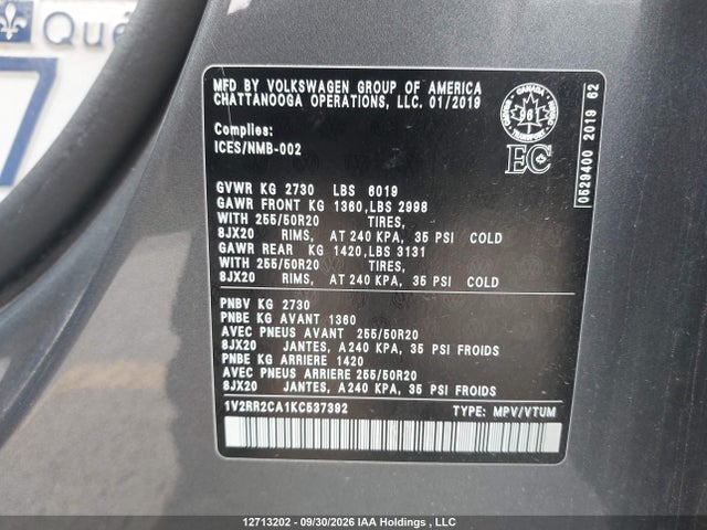 Aukcja sprzedaży 2019 Volkswagen Atlas Sel, vin: 1V2RR2CA1KC537392, numer aukcji: 12713202