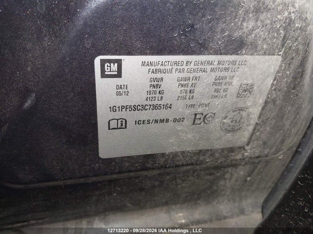 Aukcja sprzedaży 2012 Chevrolet Cruze, vin: 1G1PF5SC3C7365164, numer aukcji: 12713220