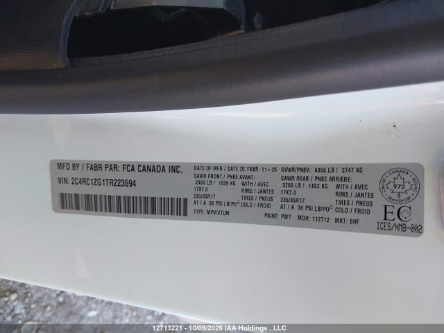 2026 Chrysler Grand Caravan Sxt მანქანა იყიდება აუქციონზე, vin: 2C4RC1ZG1TR223694, აუქციონის ნომერი: 12713221