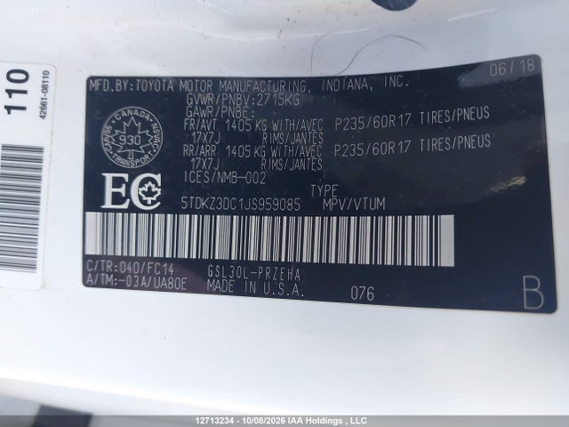 12713234 :رقم المزاد ، 5TDKZ3DC1JS959085 vin ، 2018 Toyota Sienna Le 8-passenger مزاد بيع