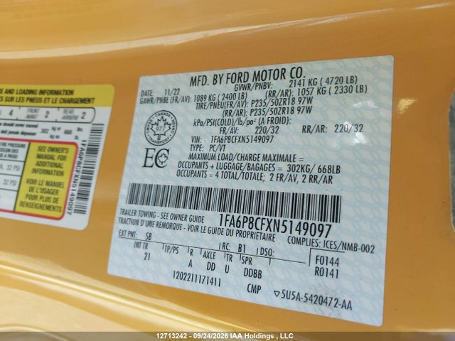 Ford MUSTANG GT 2022 1FA6P8CFXN5149097 Image 9