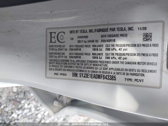 Tesla MODEL 3 2021 5YJ3E1EA0MF843385 Image 9