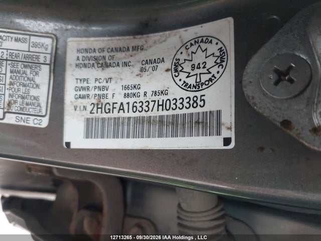 Продажа на аукционе авто 2007 Honda Civic Dx, vin: 2HGFA16337H033385, номер лота: 12713265