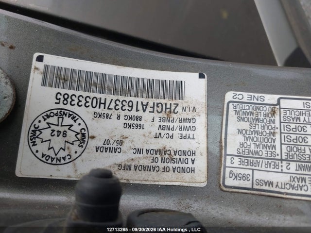 Продажа на аукционе авто 2007 Honda Civic Dx, vin: 2HGFA16337H033385, номер лота: 12713265
