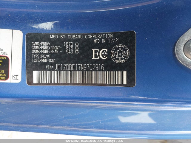 Aukcja sprzedaży 2022 Subaru Brz Limited, vin: JF1ZDBE17N9702916, numer aukcji: 12713302