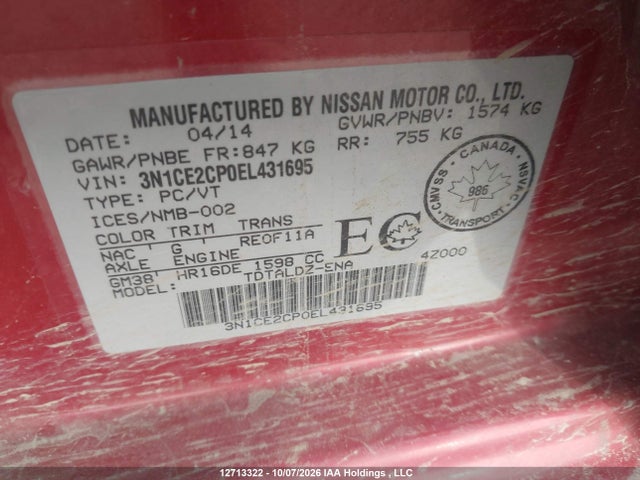 3N1CE2CP0EL431695 Nissan Versa Note S/s Plus/sv/sl