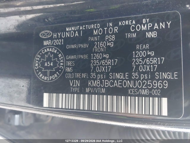 12713329 :رقم المزاد ، KM8JBCAE0NU025969 vin ، 2022 Hyundai Tucson Sel مزاد بيع