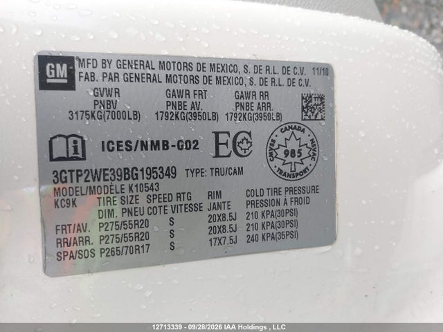 12713339 :رقم المزاد ، 3GTP2WE39BG195349 vin ، 2011 Gmc Sierra K1500 Slt مزاد بيع